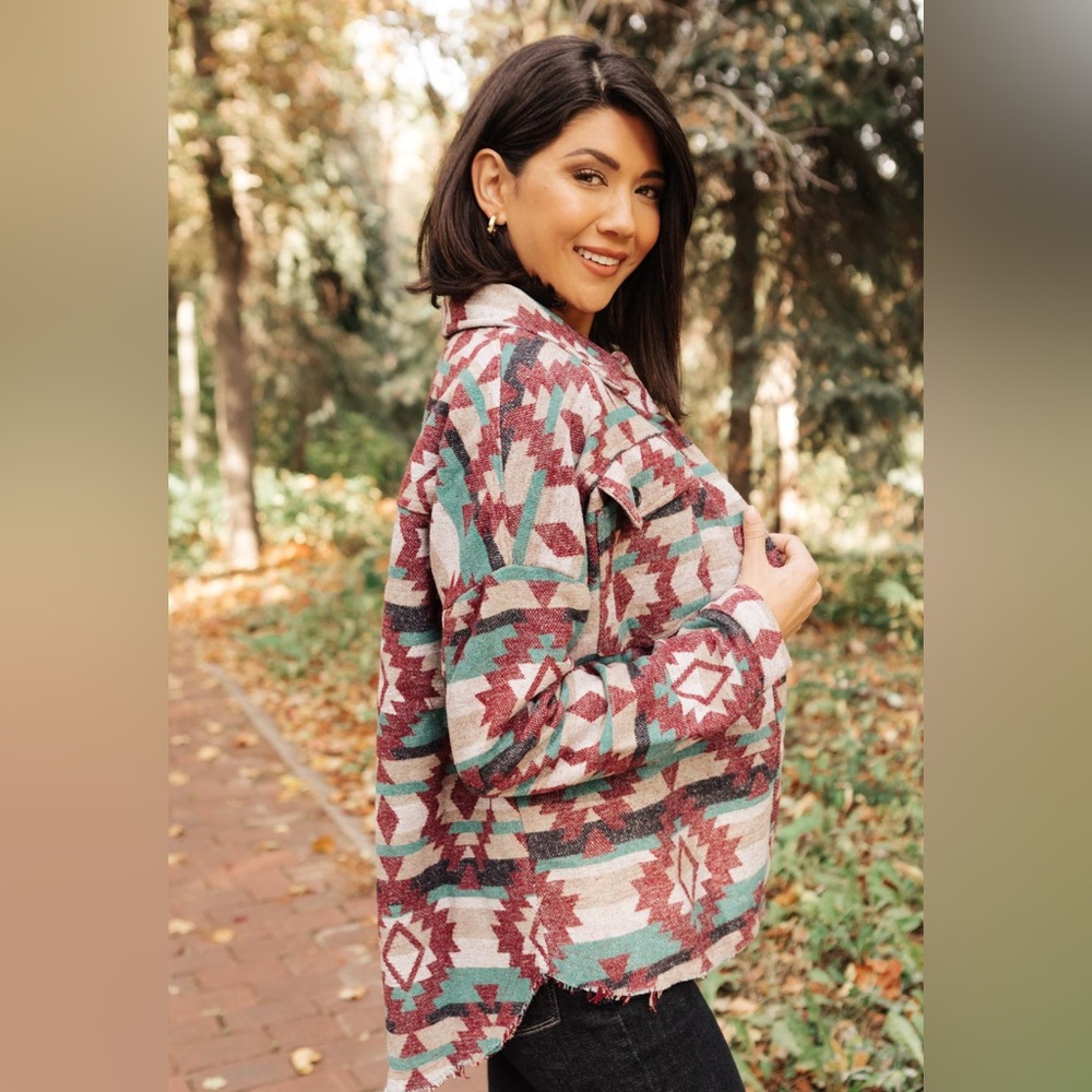 Aztec Print Oversized Button Down Shacket Shirt Jacket, Size XS, NWT, 143 Story